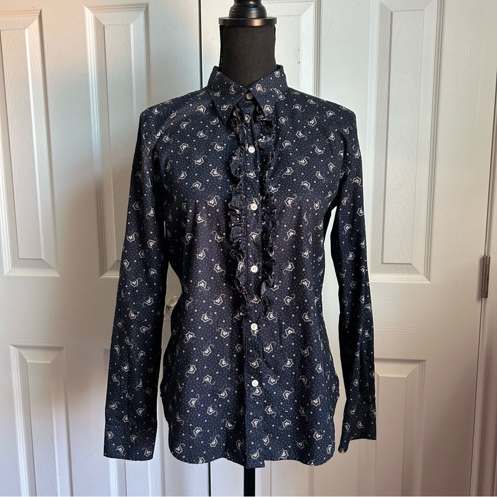 Chaps blue long sleeve button down collar ruffle front paisley top indie cowboy